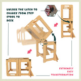SENSUNIQ Toddler Tower, Kitchen Step Stool Helper for Kids, Wooden Montessori Learn Tower with Chalkboard, Multi-use 4 in 1 Kitchen Standing Tower, Foldable Weaning Table with Safety Rail SENSUNIQ