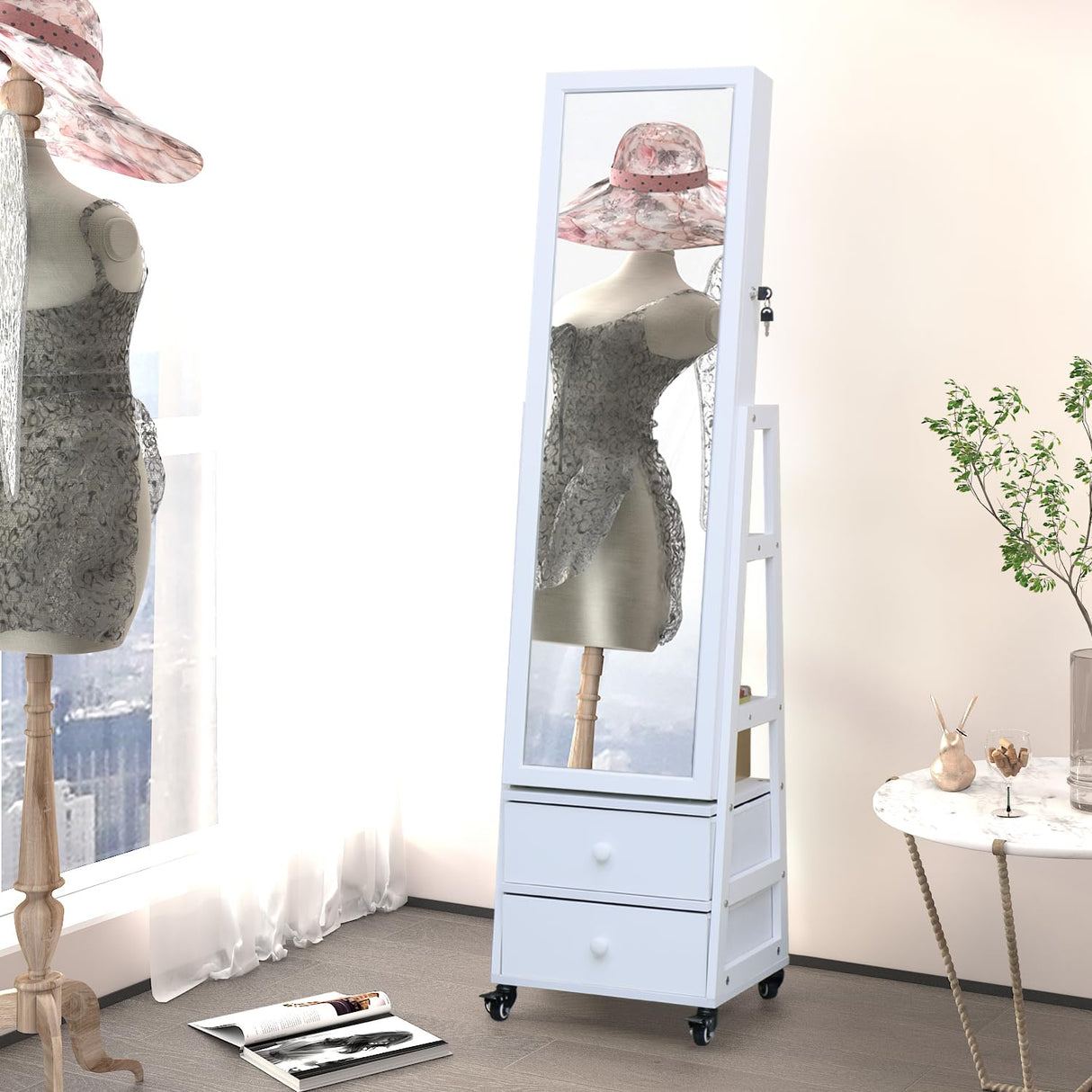 Jewelry Cabinet Standing Mirror with Drawers Wheels Full Length Mirror Jewelry Storage with Touch Screen Vanity Mirror Rotatable Jewelry Armoire Organizer with Lock White Christmas Gift for Women MASMIRE