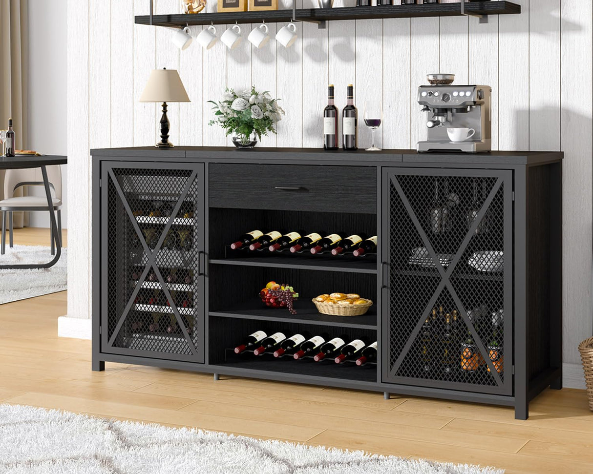 LVB Long Coffee Bar Cabinet with Fridge Space, Modern Wood Metal Large Wine Liquor Cabinet with Rack, Big Wide Sideboard Buffet Cabinet with Drawer Storage for Kitchen Dining Room, Black Oak, 70 Inch LVB