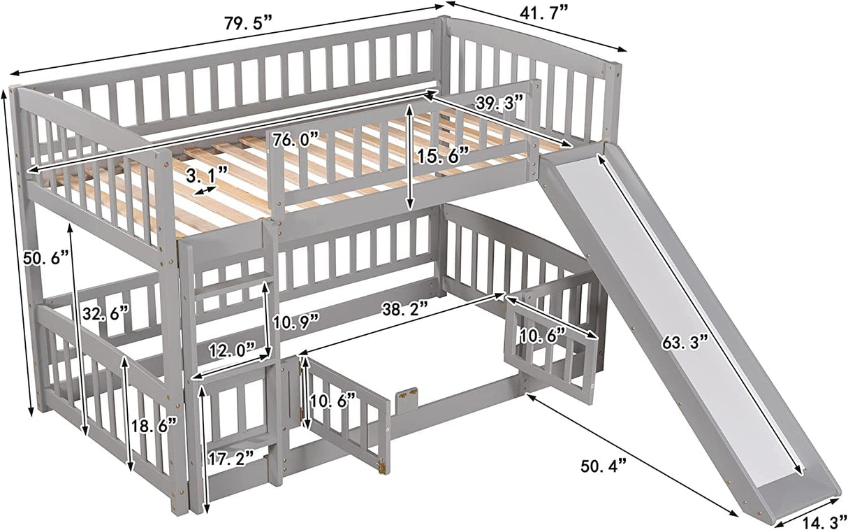 Harper & Bright Designs Low Bunk Beds Twin Over Twin, Kids Bunk Bed with Slide, Fence and Ladder, Wood Twin Bunk Beds for Girls Boys, Grey Harper & Bright Designs