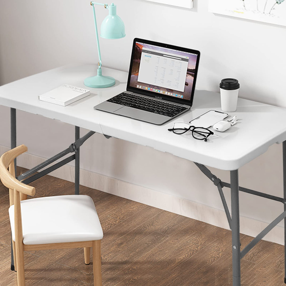 HYMnature Folding Table 4ft Heavy Duty Folding Tables Indoor Outdoor Plastic Dining Table Portable Folding Square Card Table w/Handle for Picnic, Party, Camping (4 FT) HYMnature