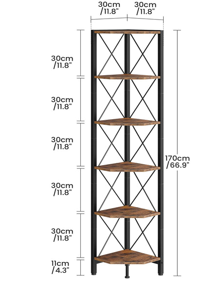 CHOEZON 6-Tier Corner Shelf, Corner Bookcase, 66.9" Tall Vertical Display Rack, Plant Stand, Open Storage Shelf, for Living Room, Bedroom, Study, Kitchen, Rustic Brown and Black TCJ13BF CHOEZON