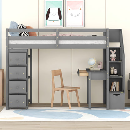 Bellemave Twin Loft Bed with Stairs, Desk, and Storage Drawers - Modern Gray Wood Frame for Kids and Teens - WoodArtSupply