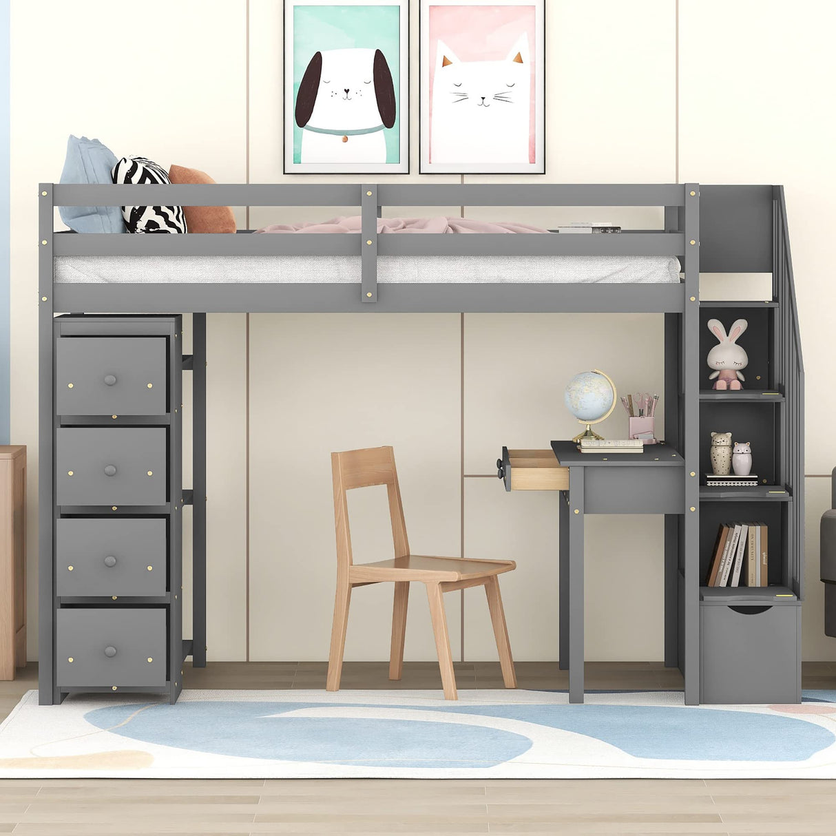 Merax Loft Bed Twin with Desk and Storage Stairs, Space-Saving Wood Bed Frame with Drawers and Shelves, for Teens Adults (Grey) Merax