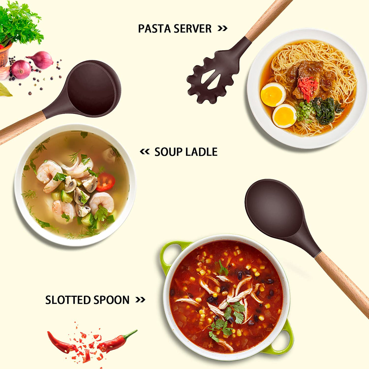 MIBOTE Silicone Cooking Kitchen Utensils Set with Holder, Wooden Handles BPA Free Non Toxic Silicone Turner Tongs Spatula Spoon Kitchen Gadgets Utensil Set for Nonstick Cookware (Coffee) MIBOTE