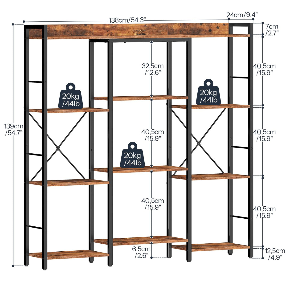 HOOBRO Triple 4-Tier Bookshelf, Bookcase with 10 Open Storage Display Shelves, Rustic Industrial Style Book Shelves, Wide Book Shelf for Living Room and Home Office, Rustic Brown and Black BF24SJ01 HOOBRO