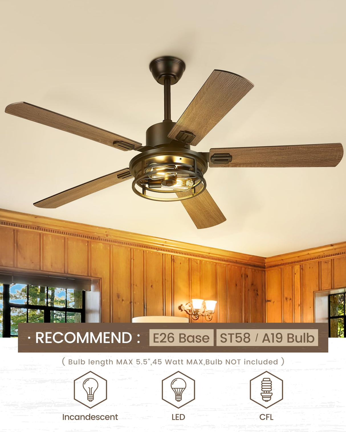 TENGXIN 52 Inch Farmhouse Ceiling Fan - Industrial Ceiling Fans with Light and Remote Control,Matte Black Ceiling Fan with 5 Reversible Blades,TXCF-BK001 TENGXIN