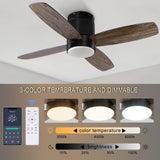 Ohniyou Ceiling Fan with Lights - 38'' Small Flush Mount Ceiling Fans Remote & APP Control - Dimmable Indoor Outdoor Quiet DC Low Profile Ceiling Fan for Patio Kitchen Bedroom(Black) Ohniyou
