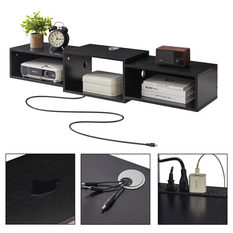 IBUYKE Floating TV Stand Wall Mounted with Power Outlet,Modern Wood Wall Mounted Media Console Shelf,Floating Entertainment Center for Under TV Storage for Living Room Bedroom Office,Black WST001B- IBUYKE