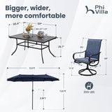PHI VILLA 8 Piece Patio Dining Set with 13ft Patio Umbrella (Navy Blue), 6 Outdoor Swivel Dining Chairs & 1 Large Metal Dining Table with 1.57" Umbrella Hole, for Lawn Garden Backyard PHI VILLA