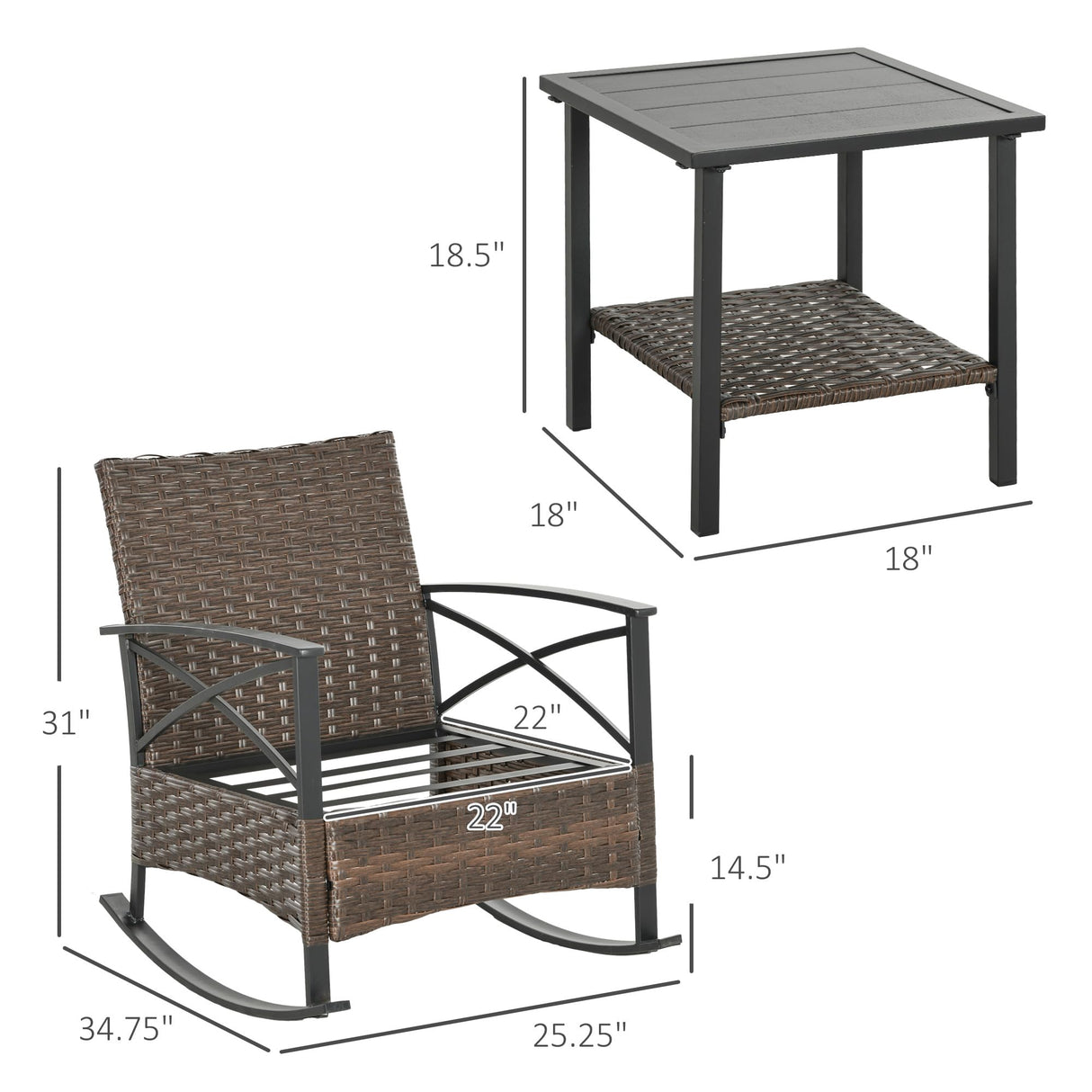 Outsunny 3 Piece Patio Rocking Chair Set, Outdoor Wicker Bistro Set with 2 Cushioned Porch Rockers and 2 Tier Coffee Table for Garden, Porch, Backyard, Dark Blue Outsunny