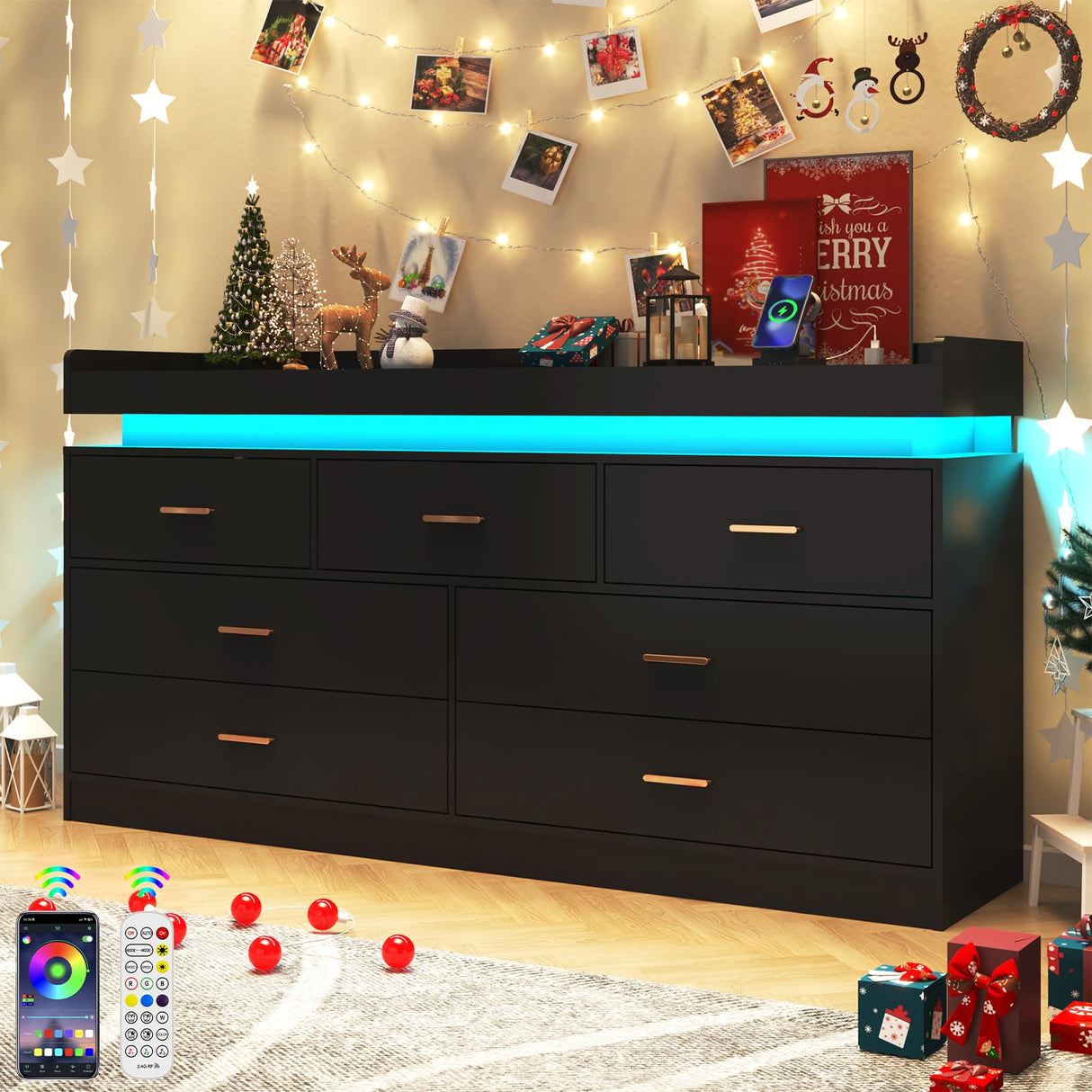 7 Drawer Dresser with LED Light and Charging Station, Modern Chest of Drawers for Closet, Wide Drawer Organizer Cabinet for Bedroom, Living Room, Entryway, Hallway, Black Hlivelood