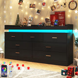7 Drawer Dresser with LED Light and Charging Station, Modern Chest of Drawers for Closet, Wide Drawer Organizer Cabinet for Bedroom, Living Room, Entryway, Hallway, Black Hlivelood