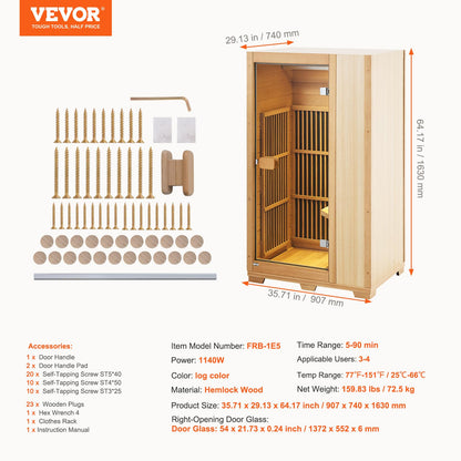 VEVOR Far Infrared Wooden Sauna, Room Home Sauna Spa for One Person, 1140W Low EMF Far Infrared Hemlock Wood Sauna with Tempered Glass Door & LED Reading Lamp & Bluetooth Speakers, 35 * 29 * 64 Inch