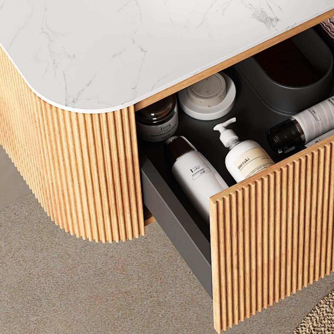 GUCOGUKA 30'' Floating Vanity with Sink Combo, Modern Wall-Mounted Curved Edges Striped Bathroom Storage Cabinet with Soft-Close Drawer and White Artificial Marble Basin, Natural Walnut GUCOGUKA