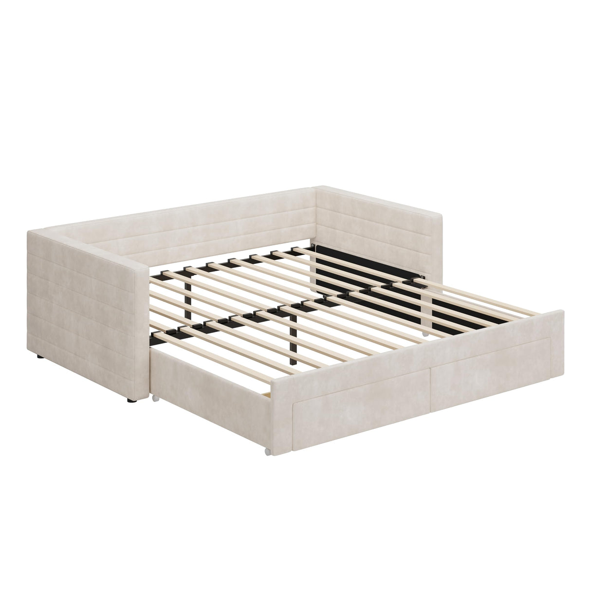 Twin Size Upholstered Extendable Daybed Frame with Trundle, Space-Saving Twin to King Design, Chenille Fabric Sofa Bed with Storage Drawers for Living Room Guest Room, Beige Merax