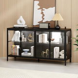 FUFU&GAGA Sideboard Buffet with LED Lights, Glass Doors, Modern Display Cabinet with Glass Shelves, Black Cupboard Credenza with Metal Legs, for Living Room Kitchen, 55.1”W x 15.7”D x 29.5”H FUFU&GAGA