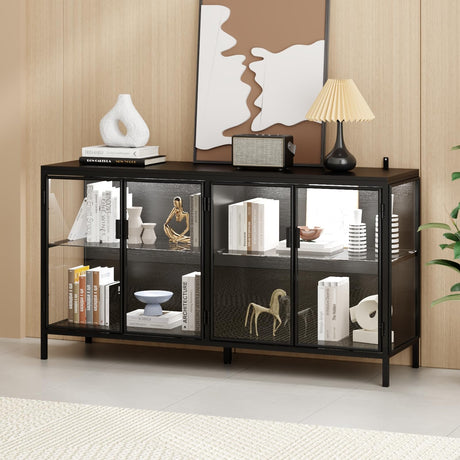 FUFU&GAGA Sideboard Buffet with LED Lights, Glass Doors, Modern Display Cabinet with Glass Shelves, Black Cupboard Credenza with Metal Legs, for Living Room Kitchen, 55.1”W x 15.7”D x 29.5”H FUFU&GAGA