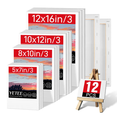 12 Pcs Stretched Canvas for Painting, Multiple Sizes: 12x16, 10x12, 8x10, 5x7, Blank Canvases Boards for Oil Painting