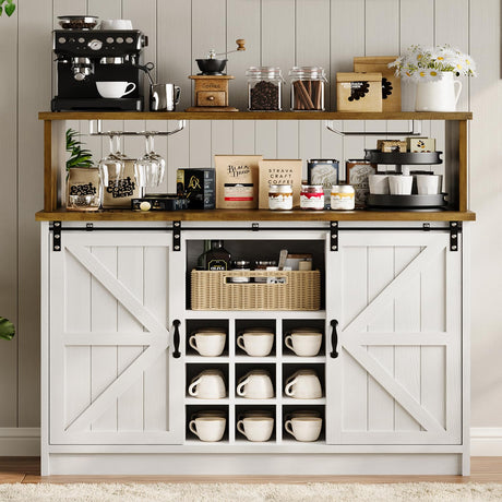 Farmhouse Coffee Bar Cabinet with Storage, 47 Inch Coffee Bar Hutch with Sliding Barn Doors, Wine Bar Cabinet with LED Light and Mirror, White Coffee Bar Table with Wine and Glass Rack for Living Room 4ever2buy