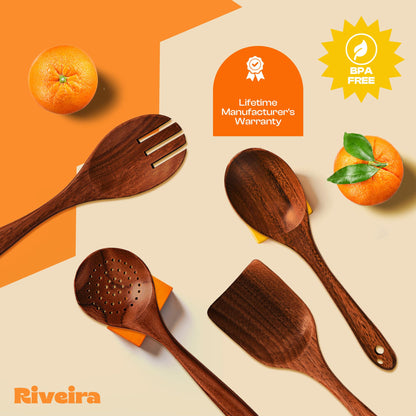 Riveira's 6-Piece Dark Brown Wooden Spoons for Cooking - Elegant Kitchen Essentials/Kitchen Utensils Set for Every Culinary Need Spatula - WoodArtSupply