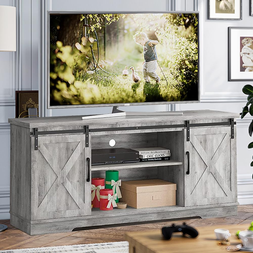 IDEALHOUSE TV Stand Farmhouse Entertainment Center for 65 Inch TV & Media Furniture, Rustic TV Stands with Storage and Barn Doors TV Console Table Under TV Cabinet for Living Room, Rustic Gre - WoodArtSupply