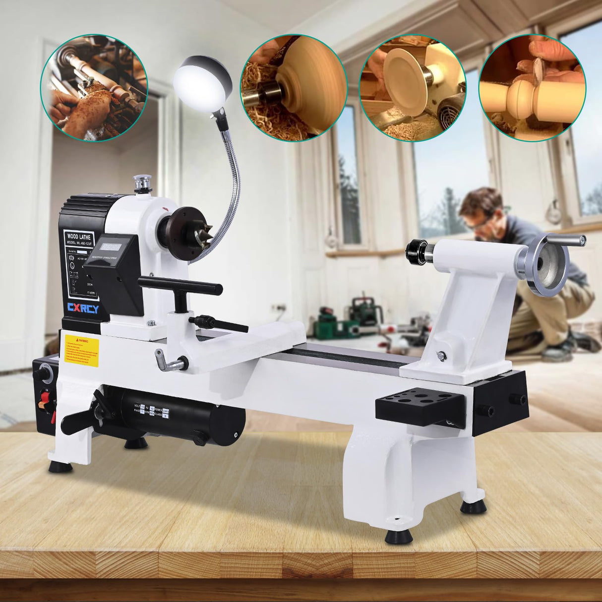 CXRCY 12" x 18" Wood Lathe, Powerful Benchtop Wood Lathe Machine 3/4 HP Infinitely Variable Speed 650-3800 RPM with Lathe Belt & Goggle for Woodworking, Woodturning (Model:WL460-12VF) CXRCY