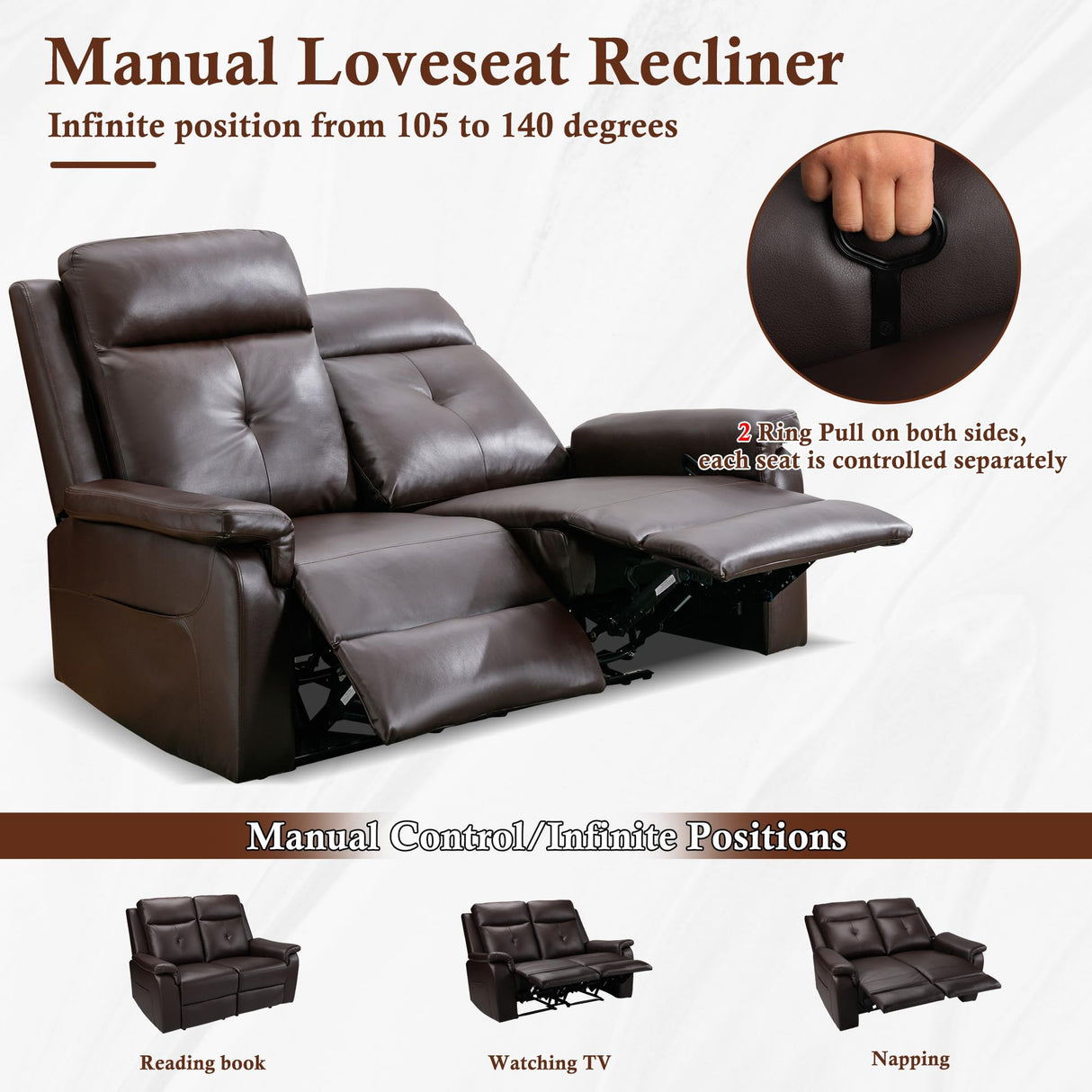 GUEAPY Loveseat Recliner Sofa with Heat and Massage – Manual Double Reclining 2-Seater Couch with Infinite Positions, Ergonomic Padded Seat, Side Pockets, for Living Room, Bedroom, Home Theater GUEAPY