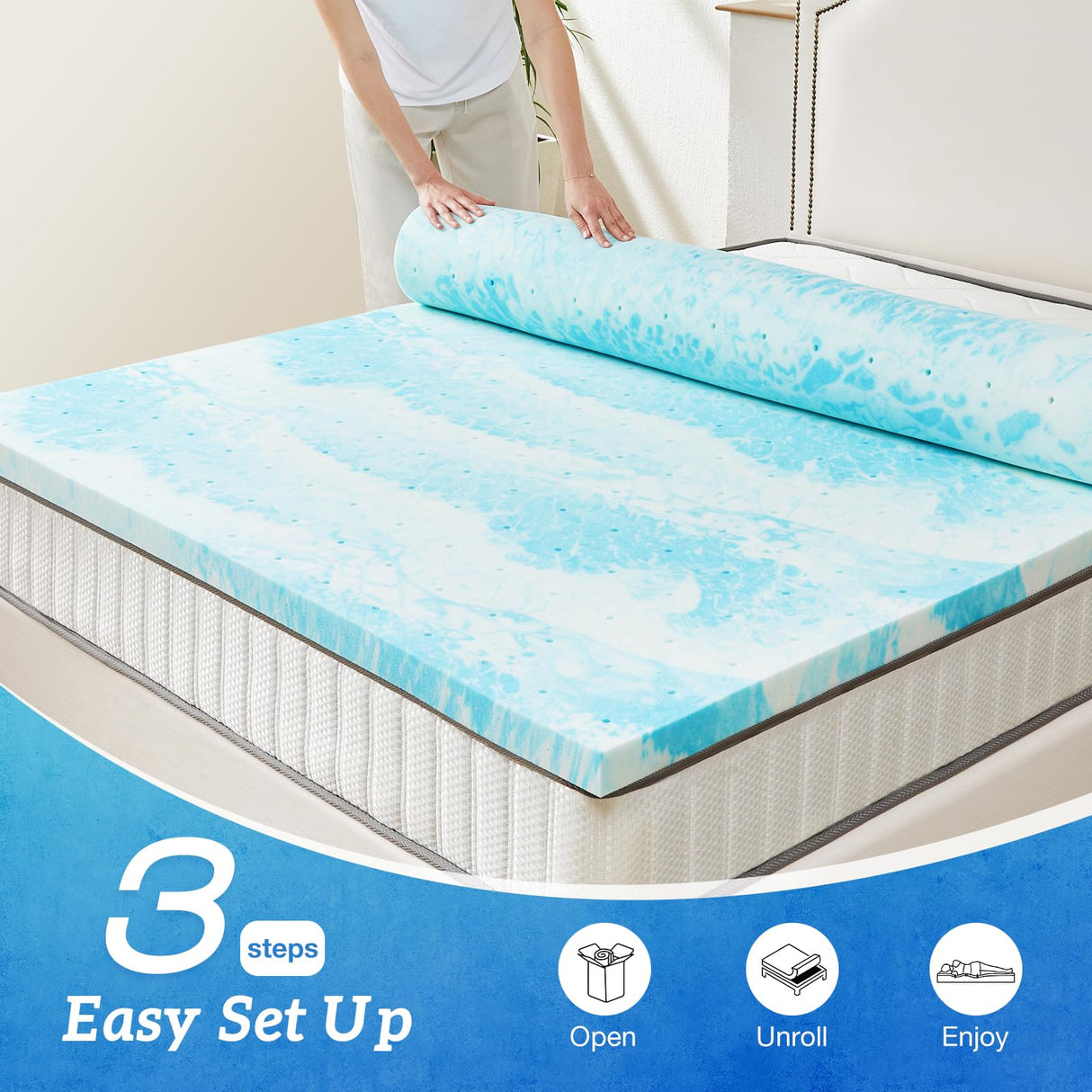 Sweetcrispy Memory Foam Mattress Topper Twin, 2 Inch Thick Gel Infused Cooling Toppers Pad for Twin Size Bed, Sleeper Sofa, RV, Camper, CertiPUR US Certified, Ventilated and Breathable, Blue Sweetcrispy