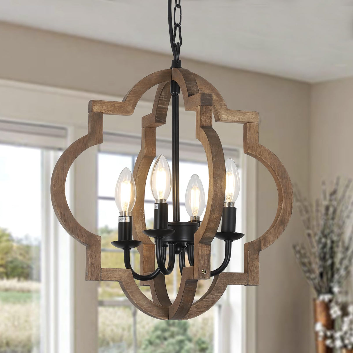 Farmhouse Chandelier Light Fixtures, 4-Light Dining Room Light Fixtures Over Table, Solid Wood Chandeliers for Dining Room, 15.7“ Brown Rustic Chandeliers for Living Room Kitchen Island Bedroom Foyer Stepeak