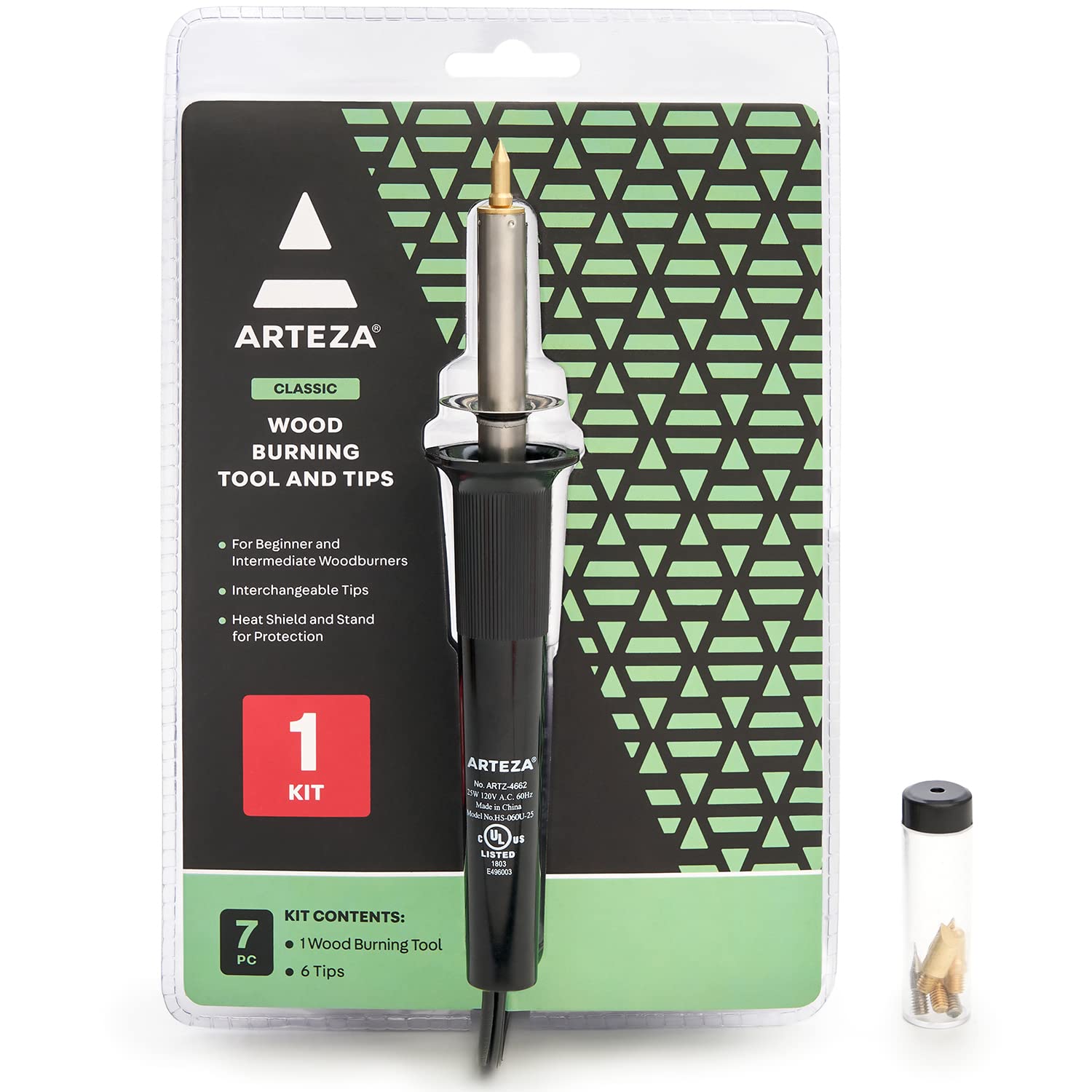 Arteza Wood Burning Kit, 1 Pyrography Pen, 6 Interchangeable Tips, 300–400°C, 25W, Heat Shield and Stand, for Beginners, Intermediates, and Hobbyists - WoodArtSupply