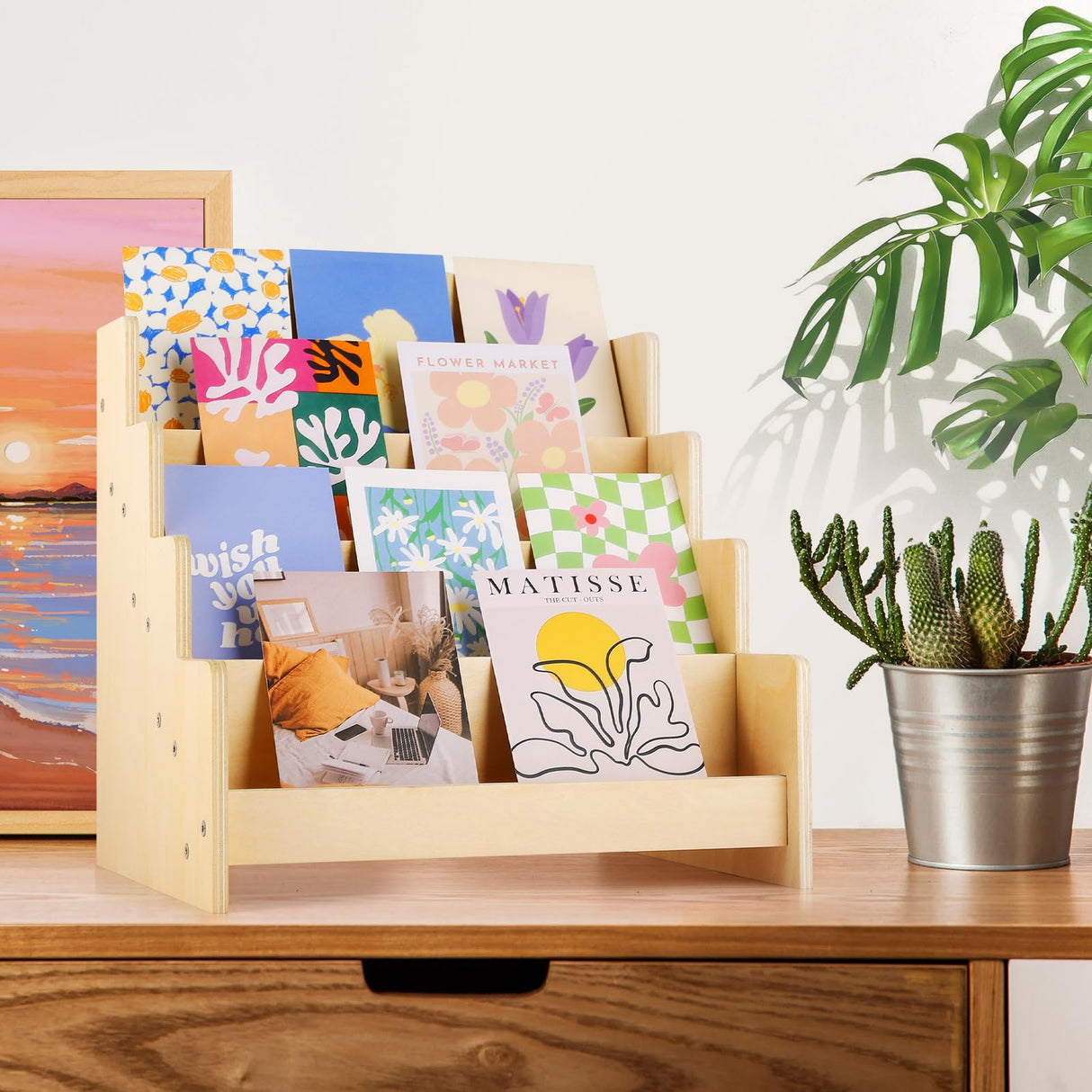 Exood Greeting Card Organizer Display Stand ,Multi-Purpose sticker display stand for vendors , Counter Retail Display Rack , 4-Tiered Wooden Display stand for postcard /Brochure/Photos/Picture Exood