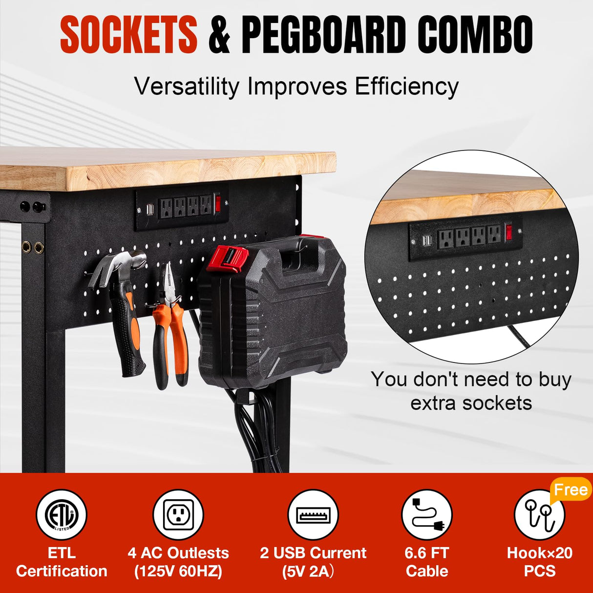 MUWOOD 48" L×24”W Adjustable Workbench with Wheels, 28”-40”Height Heavy Duty Table 2000 LBS Load Capacity, Work Bench with Power Outlet & Pegboard, Rubber Wood Work Table for Garage, Office, Workshop MUWOOD