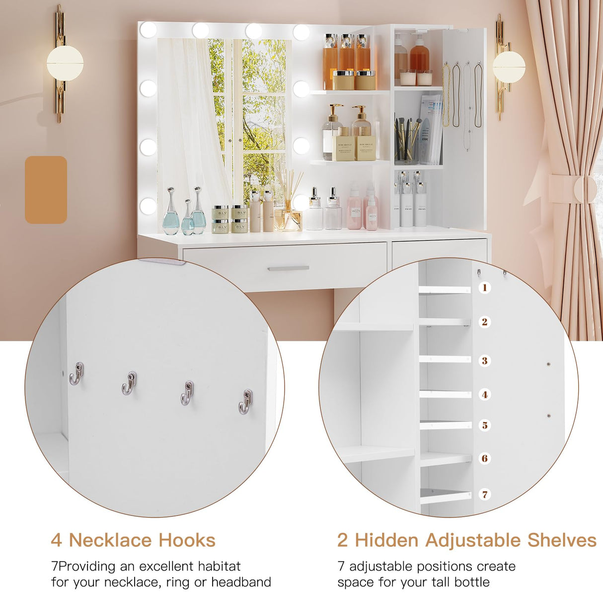 usikey Makeup Vanity with Lights, Vanity Desk with Mirror and 10 LED Lights, Vanity Table Set with 4 Drawers, Cabinet & 4 Necklace Hooks, Dressing Table for Bedroom, White usikey