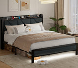 Furnulem Rustic Brown Queen Size Bed Frame with LED Headboard, USB Charging Station and Under-Bed Storage Furnulem