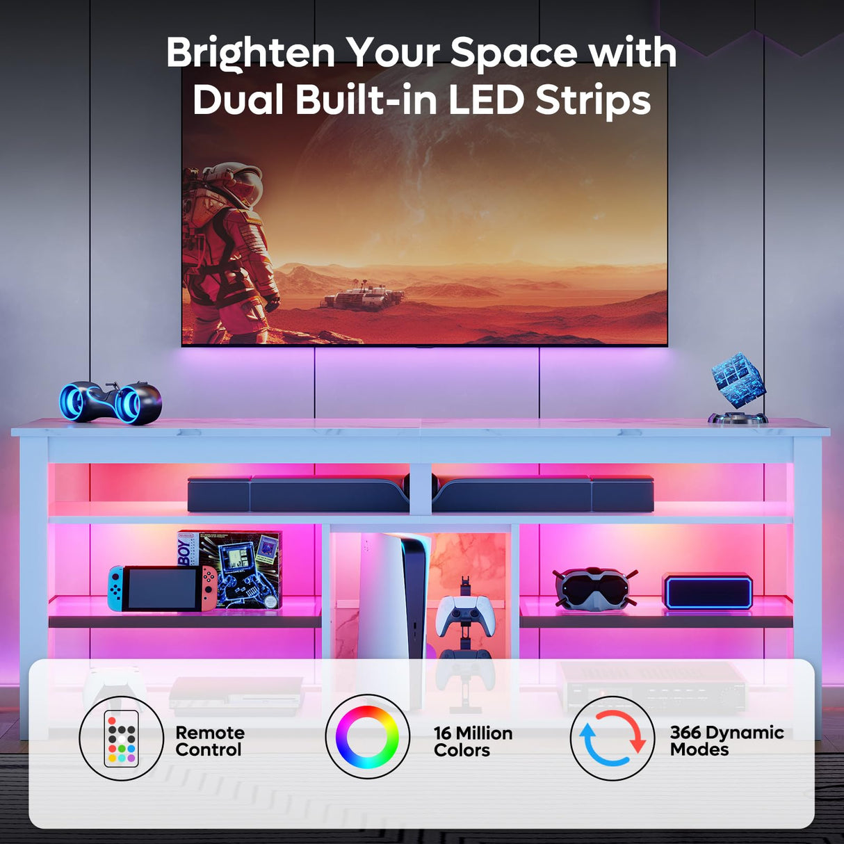 Bestier TV Stand for 65/70 inch TV, Tall Entertainment Center with 2 Led Lights, Gaming TV Console with Storage for PS5, Modern TV Cabinet for Bedroom, Living Room, White Marble Bestier