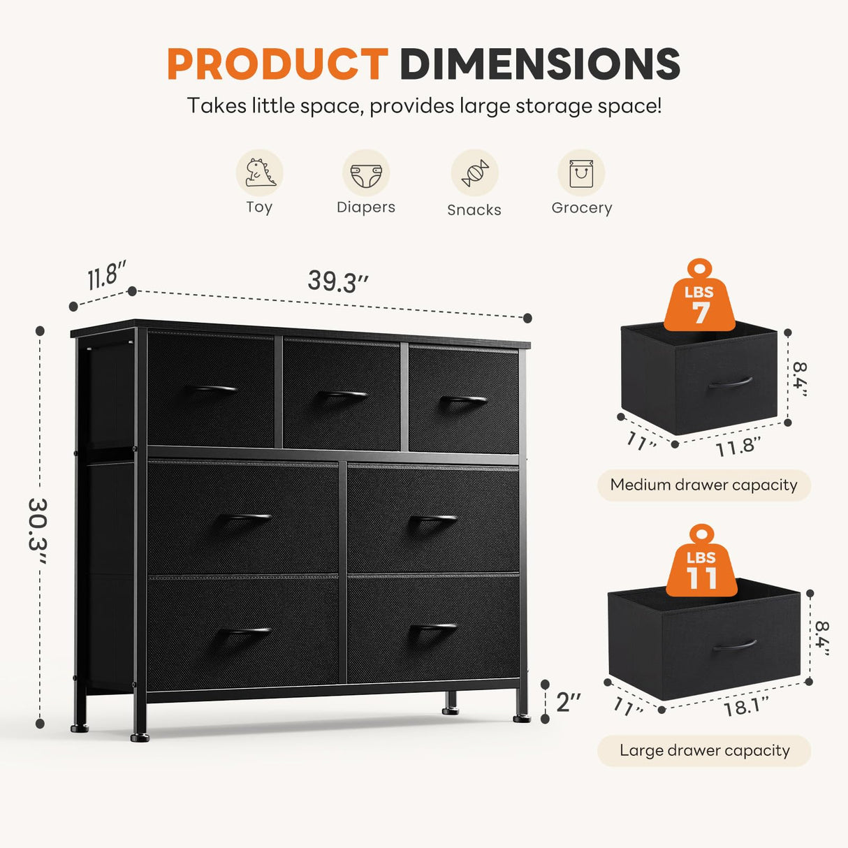 Sweetcrispy 7 Drawer Dresser with Fabric Bins Fabric Storage Tower Organizer for Bedroom Closet Hallway Entryway Tall Chest of Drawers with Steel Frame Wood Top Easy Pull Handles,Black Sweetcrispy