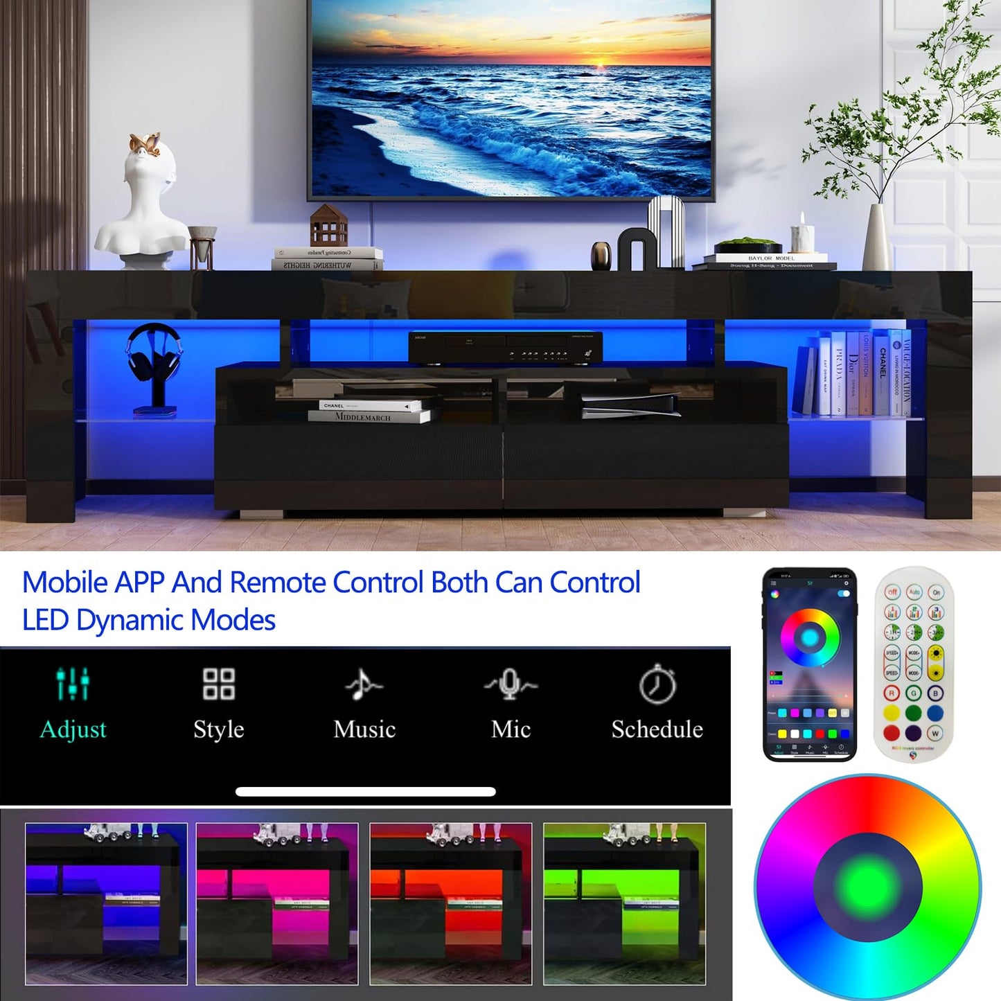 Uspeedy 63in TV Stand for 65/70 inch TV,Modern LED TV Stand for Living Room,Black TV Stand,High Gloss TV Entertainment Center with Storage Drawer,APP RGB Light,TV Console(63in Black) - WoodArtSupply