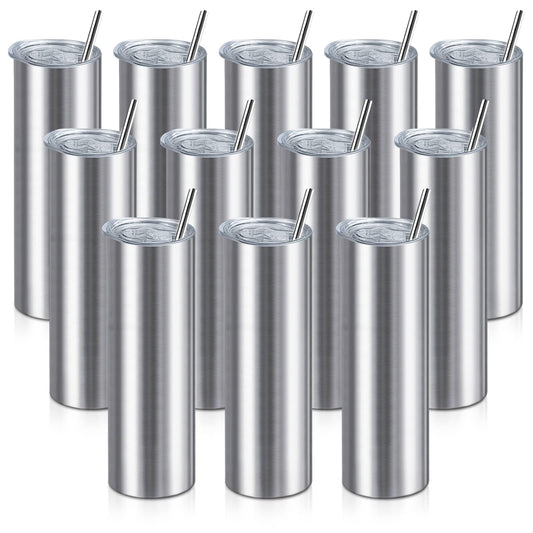 XccMe 20oz Straight Skinny Tumblers Bulk,Stainless Steel Tumbler with Straw,12 Pack Double Wall Slim Insulated Tumbler for Travel,Coffee,Tea, Beverages,Diy Gift For Men Women Friends(Silver)