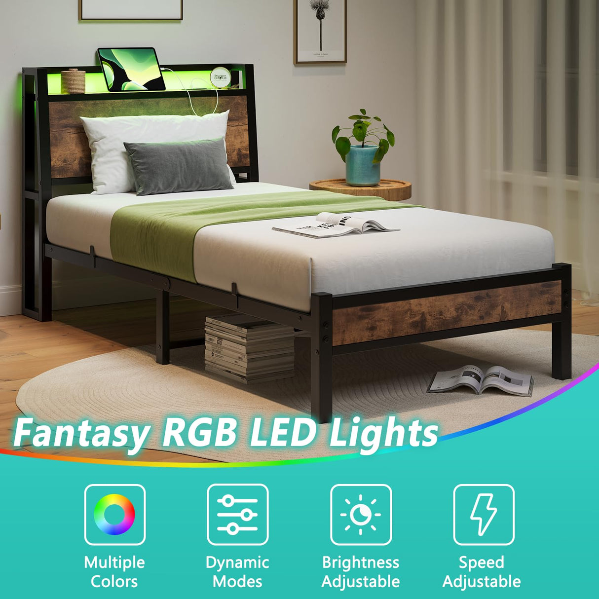 ZGEHCO Twin Bed Frames with Ergonomic Storage Headboard,Metal Platform Bed Frame with Charging Station,LED Bed Frame Twin Size No Box Spring Needed,Heavy Duty Steel Slats,Noise Free,Rustic Brown ZGEHCO