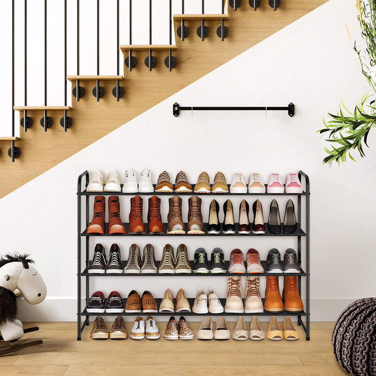 KIMBORA 4 Tier Long Shoe Rack for Closet Floor, Wide Shoe Shelf Storage Organizer 30-Pairs Stackable Sneaker Organizer for Closet, Bedroom (Black) KIMBORA