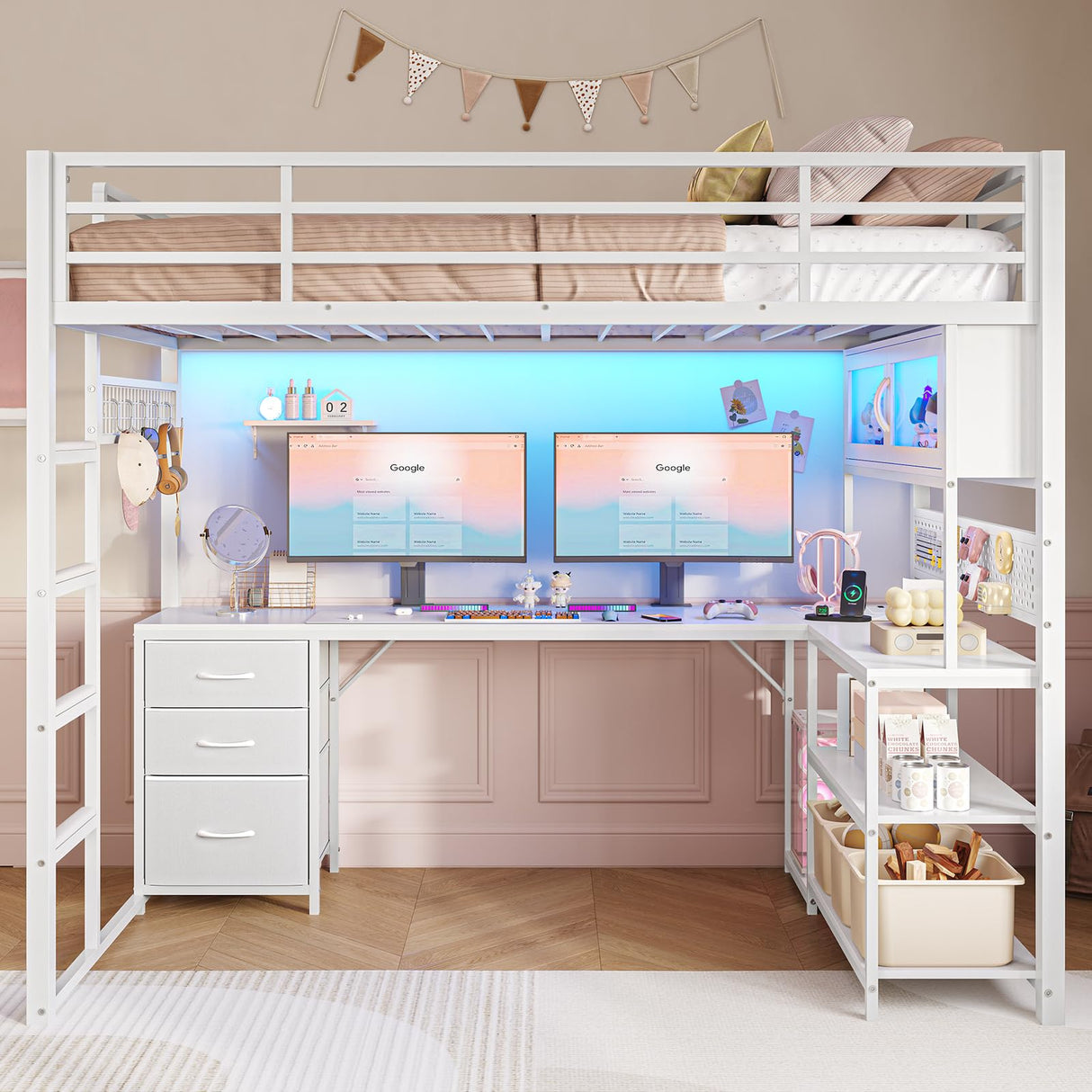 ADORNEVE Twin Size Loft Bed with L-Shaped Desk, Storage Drawers & RGB Arcylic Cabinet, Expanded Safety Power Outlet, Metal LED Loft Bed Frame with Wide Ladder, for Teen Girls, White ADORNEVE