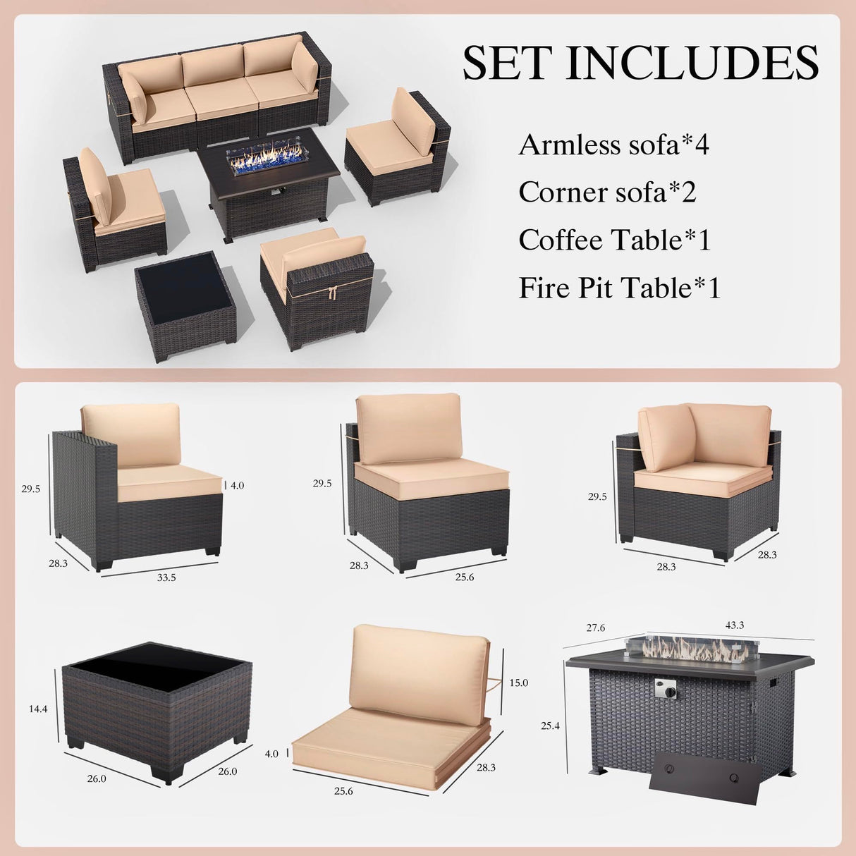 Gotland 8 Pieces Patio Furniture Set with 55000BTU Fire Pit Table, 6 Seater Wicker Patio Set with 29.5'' High Backrest Thick Cushions 1 Coffee Tables for Porch, Deck, Garden Khaki Gotland