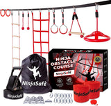 Ninja Obstacle Course for Kids Backyard - 10 Durable Obstacles and 50' Slackline - Outdoor Warrior Obstacle Playset Equipment for Girls & Boys with Monkey Bars, Ladder, Wheel, Gymnastics, Climbing Net NinjaSafe