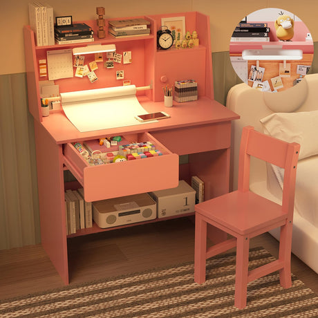 SFDOU Pink Desk and Chair Set for 5-12 Year Old, Kids Study Desk with 3-Color Lights, Drawing with Wooden Tabletop Paper Roll Dispenser, Study Table with Drawers and Storage Shelf SFDOU