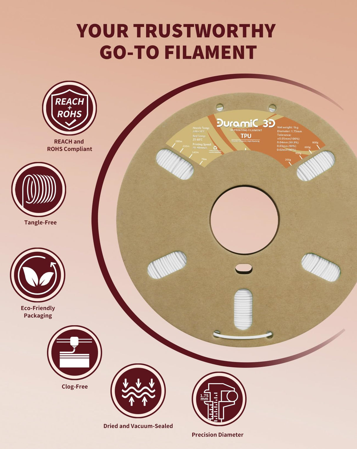 DURAMIC 3D TPU Filament 1.75mm, Soft TPU 3D Printing Filament 95A, 1kg Spool, +/- 0.05mm Accuracy, White 1 Pack DURAMIC 3D