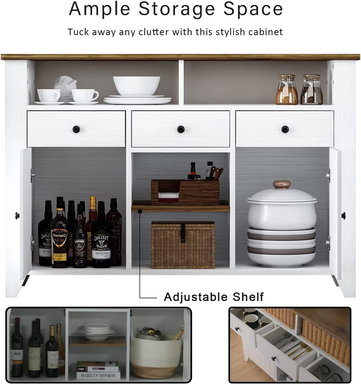 Elegant White Coffee Bar Cabinet with Storage - 47'' Farmhouse Buffet with 3 Drawers, 2 Doors, and Open Shelf 4ever2buy