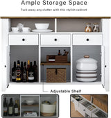 Elegant White Coffee Bar Cabinet with Storage - 47'' Farmhouse Buffet with 3 Drawers, 2 Doors, and Open Shelf 4ever2buy