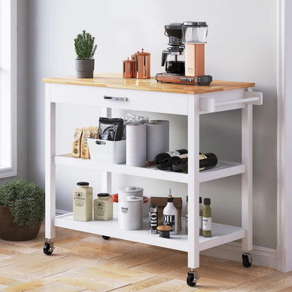 Kitchen Island Carts on Wheels with Storage – Mobile Rolling Cart with Storage Drawer and Shelves, Kitchen Islands Table with Towel Rack, Rubberwood Top, for Kitchen and Dining Room, White - WoodArtSupply