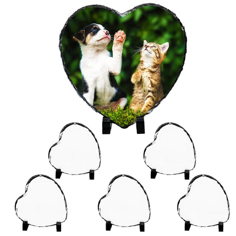 Beclumas 6 Pack 5.7" X5.7" Sublimation Slate Blanks,Heart Heat Thermal Transfer Stone Slate Picture Frame Plaque with Display Stand for Desktop Souvenir DIY Personalized Custom Gift Design Beclumas